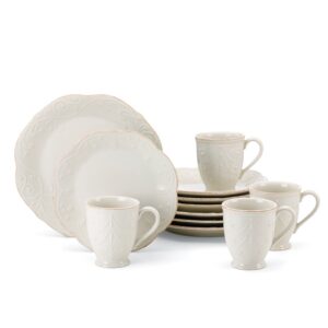 White Scalloped Stoneware Set with Mugs, 12-Piece